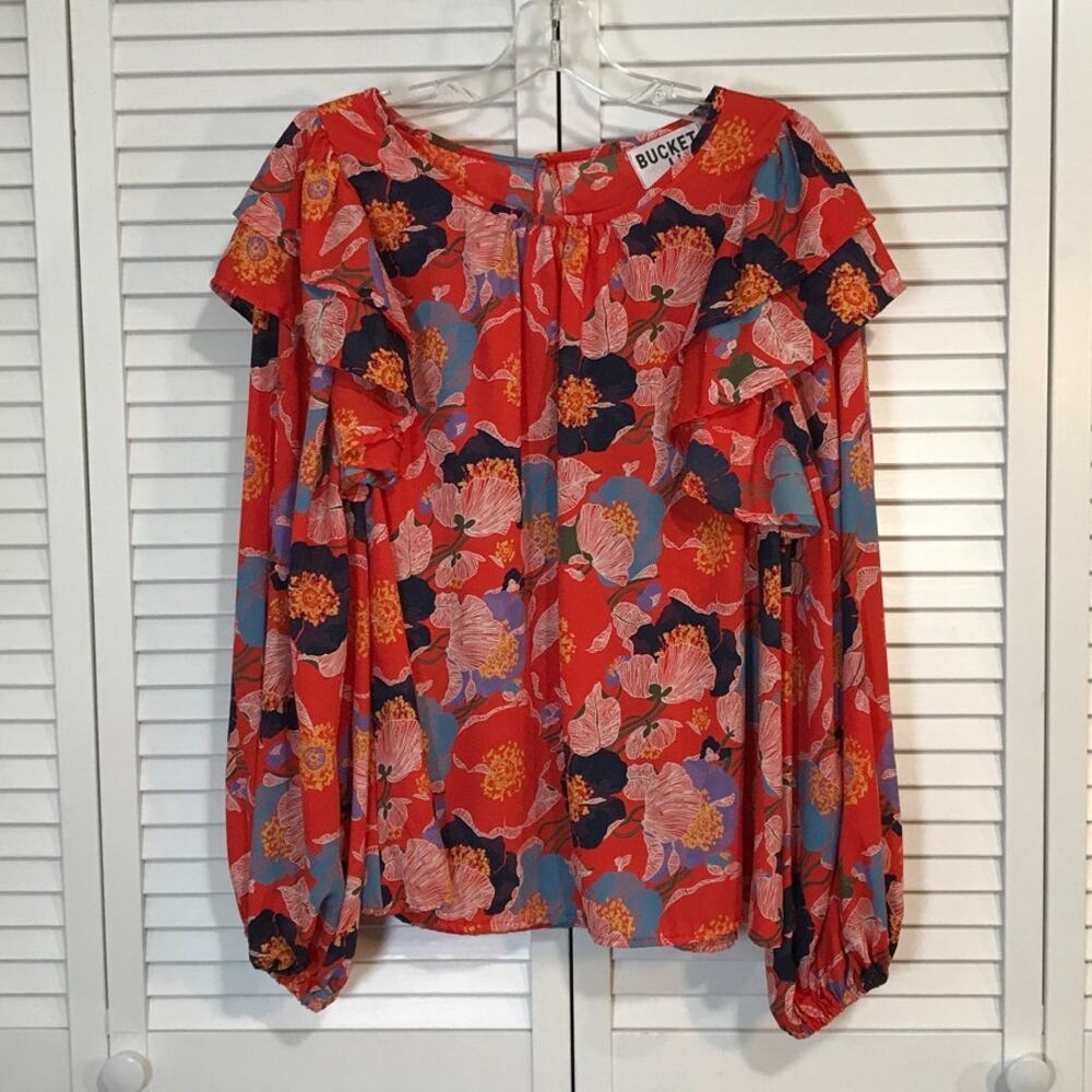 Bucket List Red Multicolor Floral Ruffled Scoop Neck Long Sleeve Women Blouse